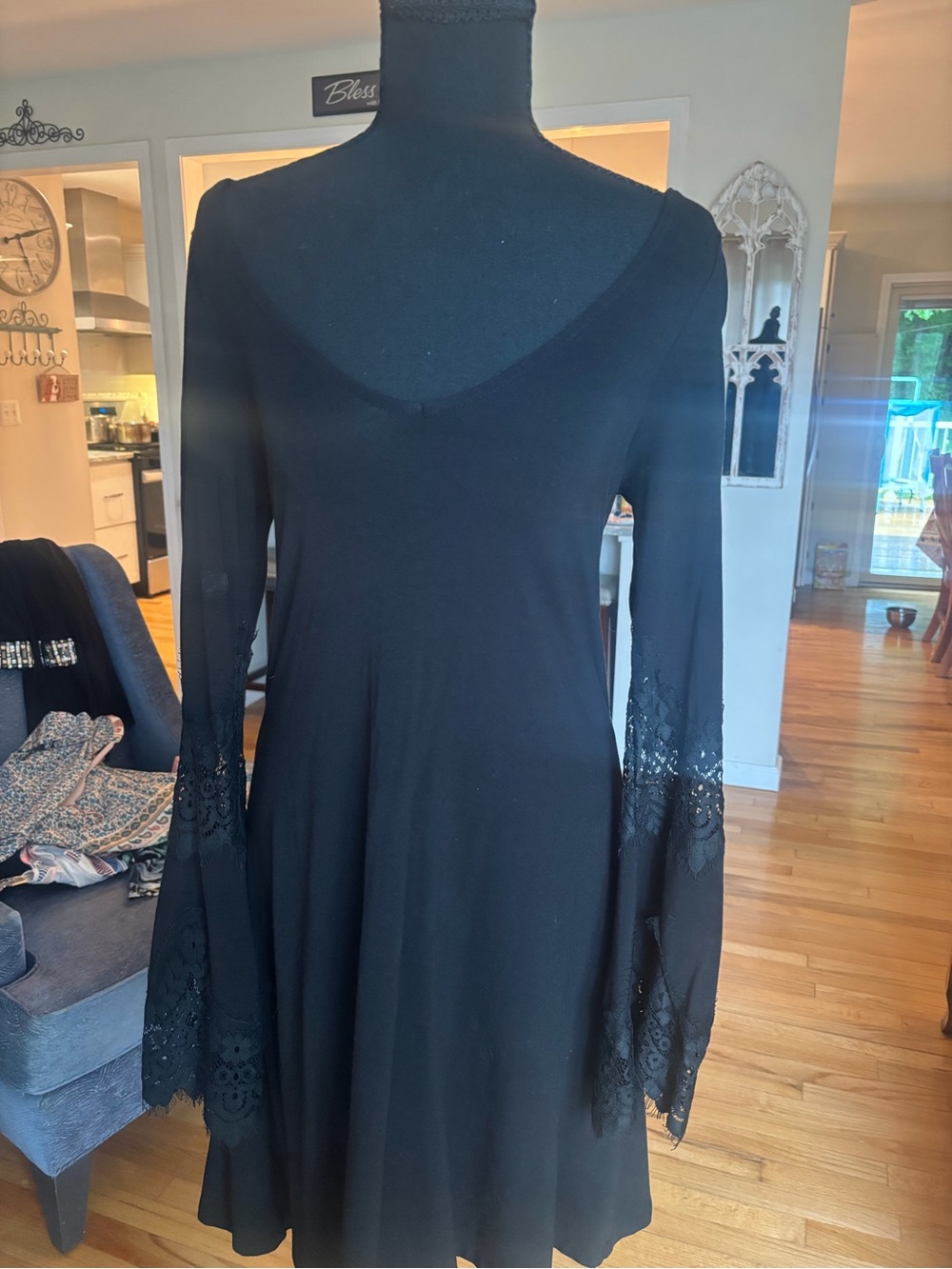Express Black Long-Sleeve Lace Trim A-Line Dress